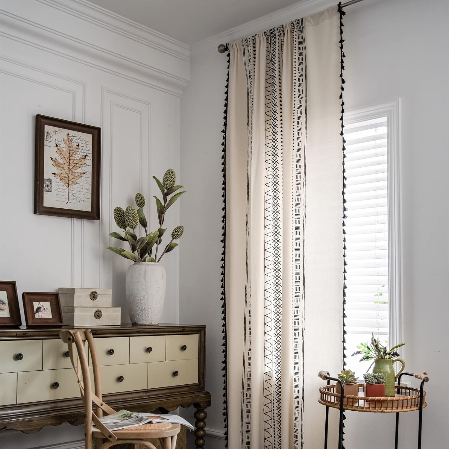 Boho Window Curtain Panel with Tassels Black Striped Geometric Print Country Style Cotton Linen Room Darkening Curtain Panel for Bedroom Living Room Rod Pocket Top