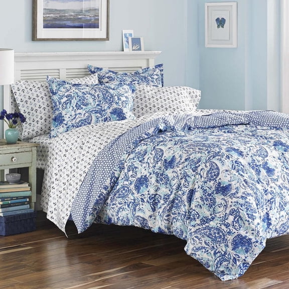 Brooke 3-Piece Blue Paisley Graphic Cotton Full/Queen Duvet Cover Set