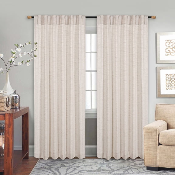 Natural Poly Linen Farmhouse Tab Top Curtains – Room Darkening 50x63” - Set of 2