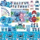 thumbnail image 2 of Suministros de decoración de fiesta de cumpleaños de Disney Stitch, vajilla, vasos de papel, platos, mantel, pancarta, telón de fondo, juego de globos, Baby Shower, 2 of 5
