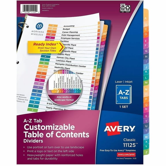 Avery A-Z Dividers, 26 Tabs, Ready Index, Multicolor Tabs (11125)