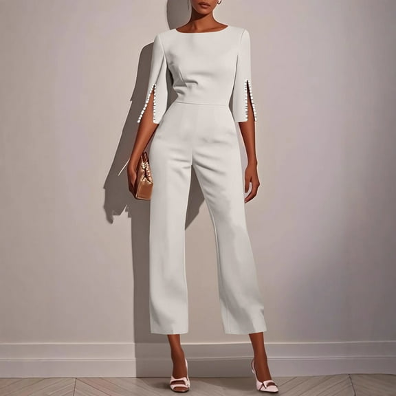 PiGOGI Women's Casual Solid Round Neck 3/4 Sleeve Jumpsuit Comfortable Romper Pants for Daily Wear White XL
