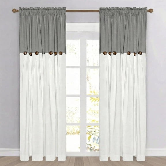 Alishomtll Linen Curtains Farmhouse Boho Button Light Filtering Window Drapes For Living Room Bedroom,Rod Pocket,84"L x 52"W, 2 Panel,Gray White