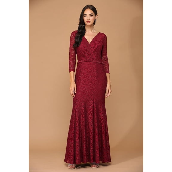 Women's Eva USA 3450 Long 3 4 Sleeve Mother Of Groom Lace Dress Burgundy M
