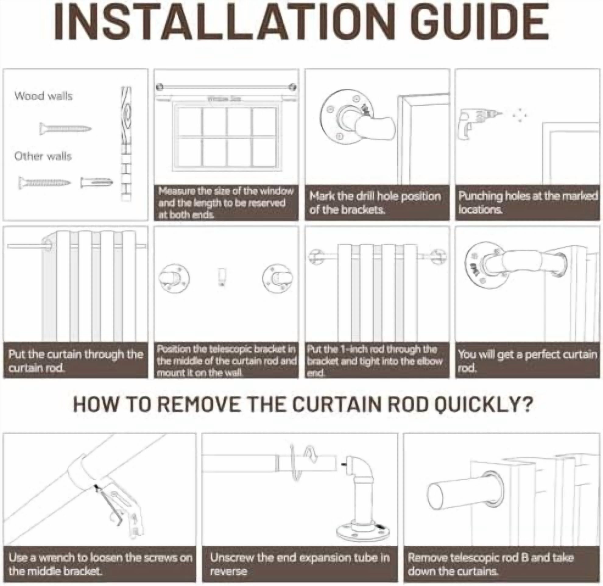 Curtain Rods for Windows 66 to 120, 1 Inch Industrial Wrap Around Black Curtain Rod, Indoor/Outdoor Room Divider Adjustable Drapery Pole, 66"-120"