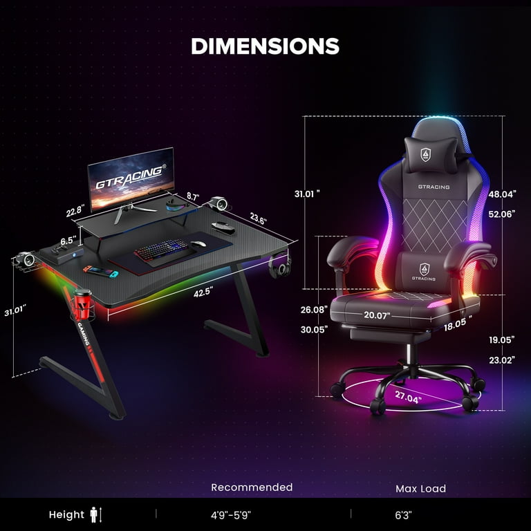GTRACING Ergonomic LED Gaming Chair and Z Leg Shaped Gaming Desk