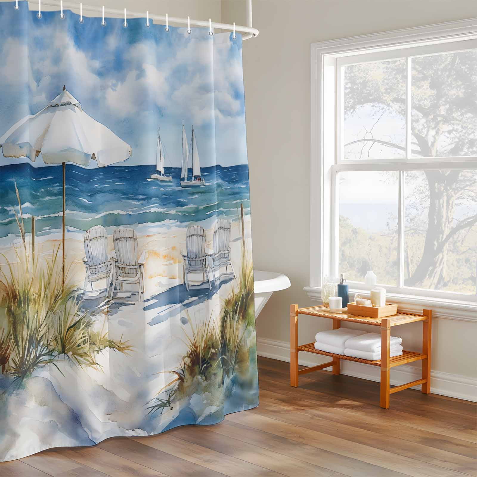 Summer Scenery Shower Curtains for Bathroom, Beach Chair Washable Fabric Shower Curtain with Hooks Waterproof Bathroom Decor Sets, 36 x 72 Inches
