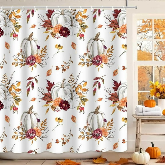 Fall Pumpkin Shower Curtain Autumn Thanksgiving Maple Leaf Shower Curtain for Bathroom Boho Fall Watercolor Floral Pumpkin Home Bathtub Decor Waterproof Fabric 72x72 Inch