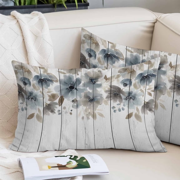 Blue Brown Spring Floral Pillow Covers 12"x20", Watercolor Botanical Vintage Soft Brushed Microfiber Breathable Throw Pillow Covers, Pillowcase with Zipper for Couch Sofa Bedroom Living Room