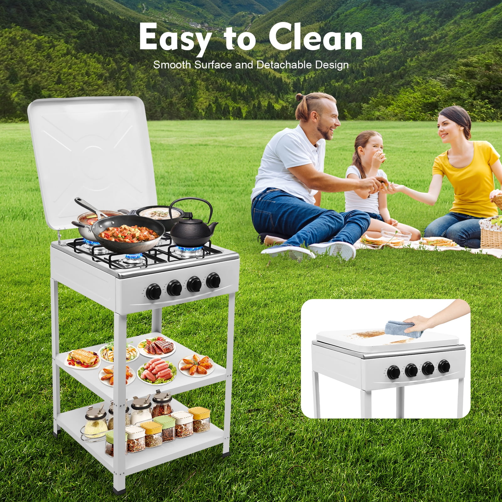 ChicHomey 4 Burner Gas Stove,Portable LNG Camping Stove Propane Stove with Support Leg Bracket & Wind Blocking Cover Adapter, for Camping Picnic Hiking White