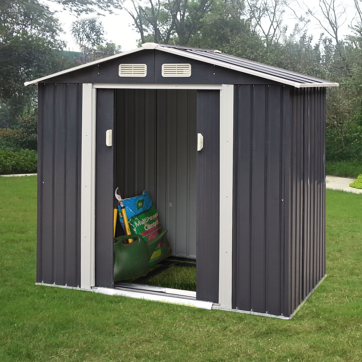Jaxpety Garden Storage Shed Galvanized Steel Outdoor Tool House 7 x 4 