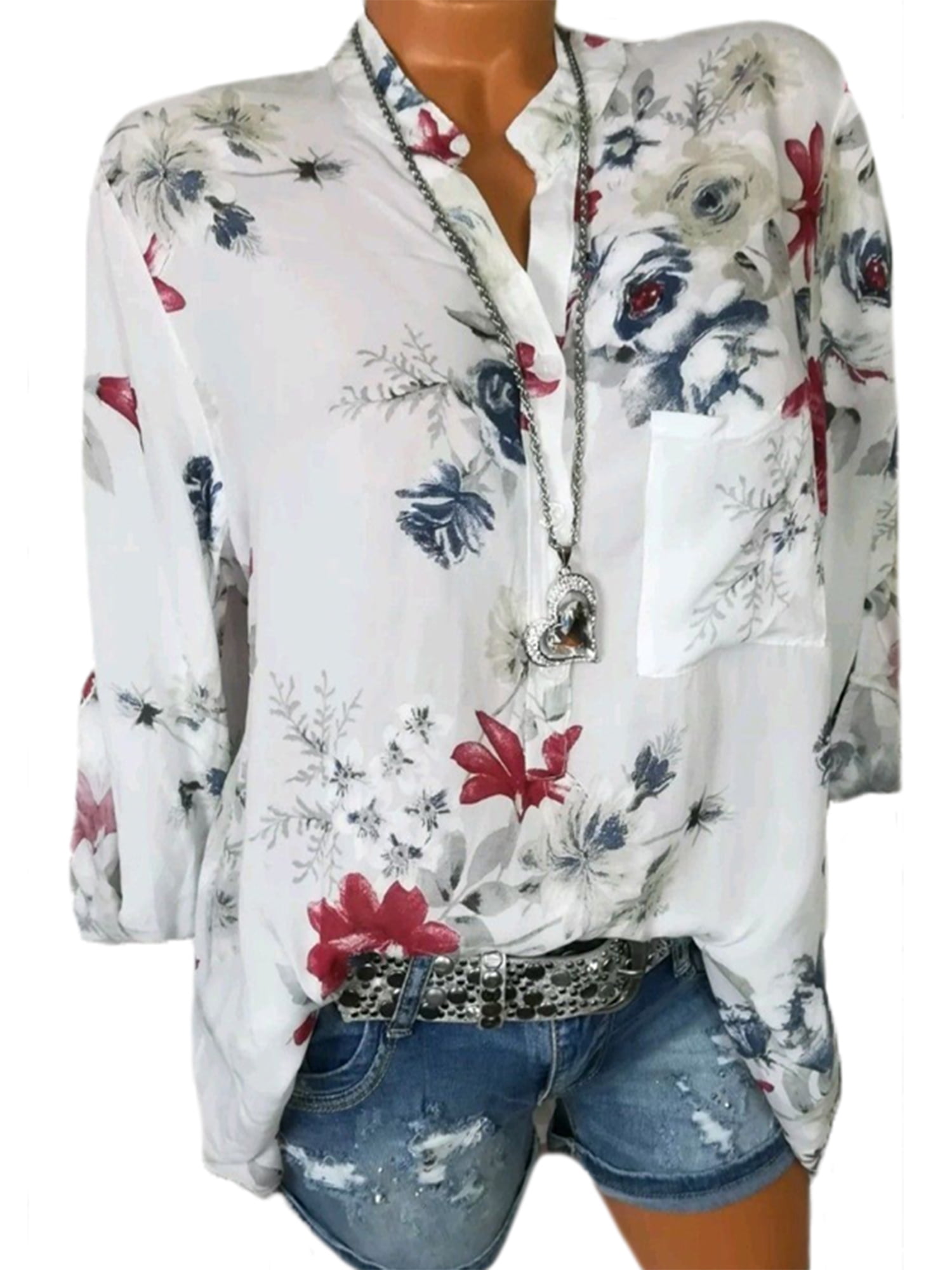 Plus Size Women Summer Casual Shirt Long Sleeve Floral Print Button ...