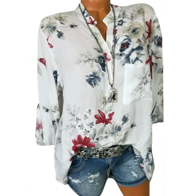 Plus Size Women Summer Casual Shirt Long Sleeve Floral Print Button ...