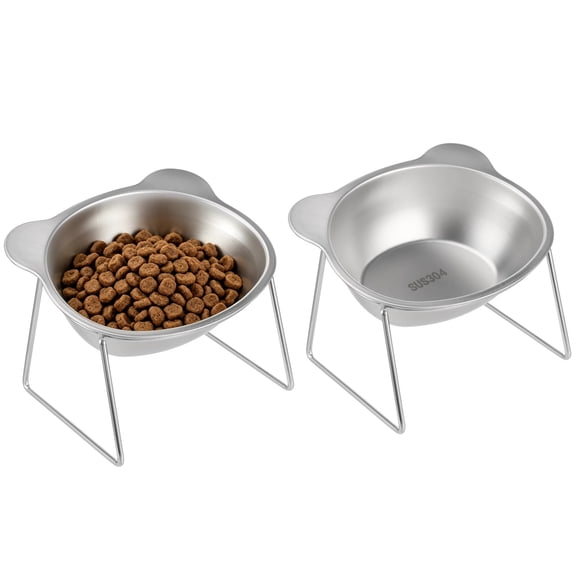 2PCS Elevated Cat Bowls, 304 Stainless Steel Tilted Food and Water Pet Feeder, 15° Neck Guard Design, Whisker Friendly, Non-Slip Base, 4.9" x 4.3" x 4.1" for Small Cats, Dogs, Puppies