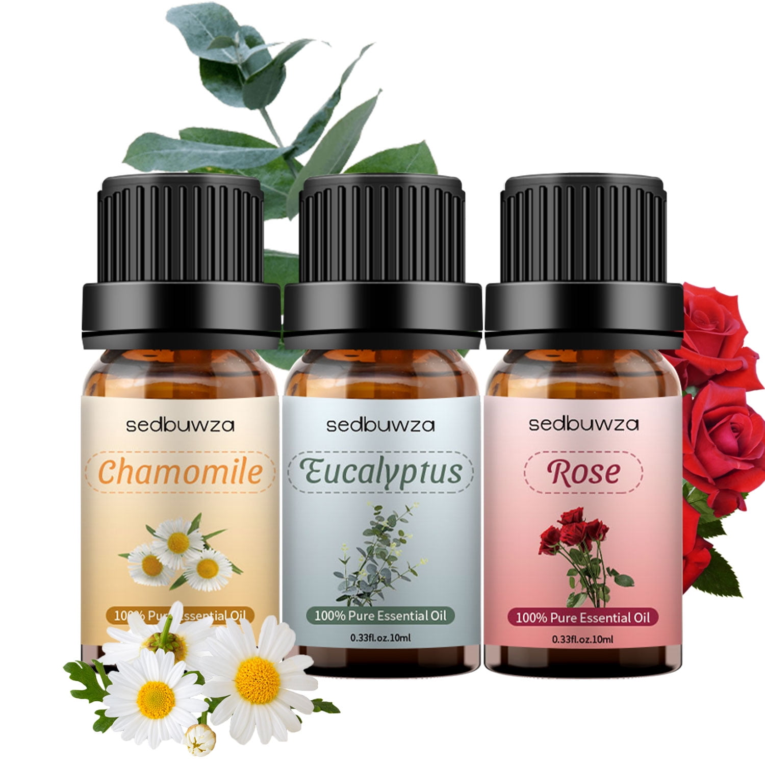 Eucalyptus, Rose and Chamomile Essential Oil,100% Pure and Undiluted,Natural Fragrance,For Diffusers,Athletes Care,Skin and Hair Care,DIY Scented Candle,10ml*3 Set