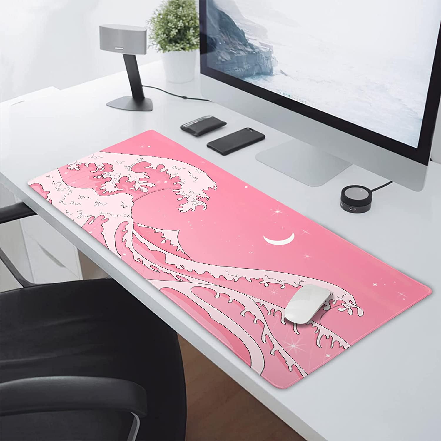 Pink Japanese Anime Gaming Mouse Pad XXL Cute Kawaii Aesthetic Wave Extended  Big Large Desk Mat Non-Slip Rubber Base Stitched Edge Long Keyboard Mousepad  for PC Computer Laptop,35.4×15.7 in 