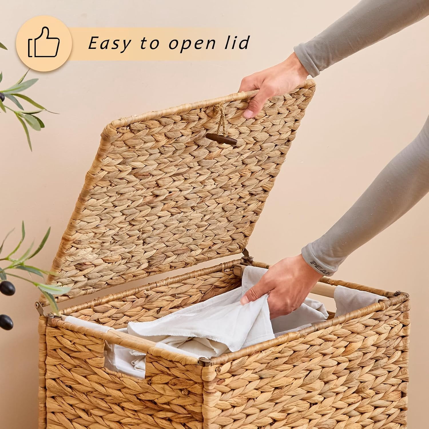 Casa Pura Furniture Adult Handwoven Elevated Feet Carrying Handles Laundry Hampers with Lid & Removable Liner Bag, Off-White