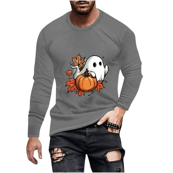 Raeneomay Long Sleeve Shirts for Men Halloween Printed Top Casual Long Sleeved Round Neck Top