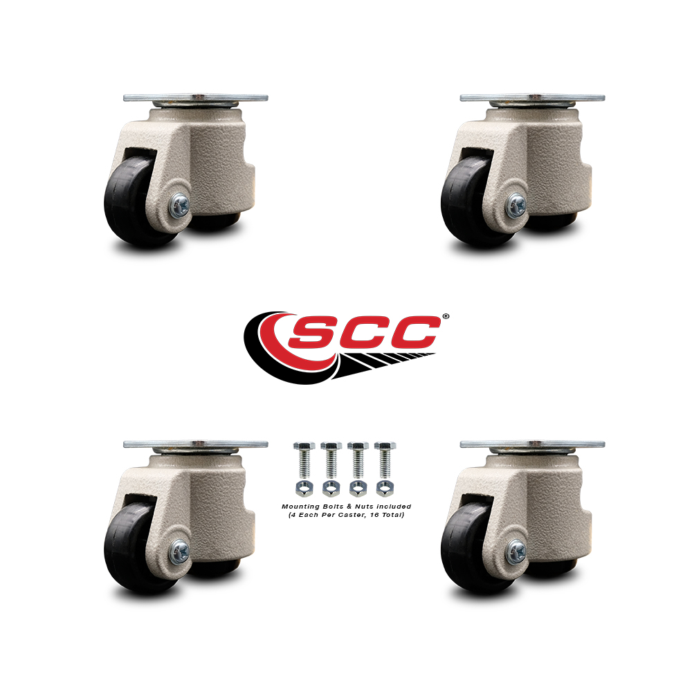 Nylon Swvl Top Plate Floor Leveling Caster Set 4 w/1.65" Diameter Black Wheels