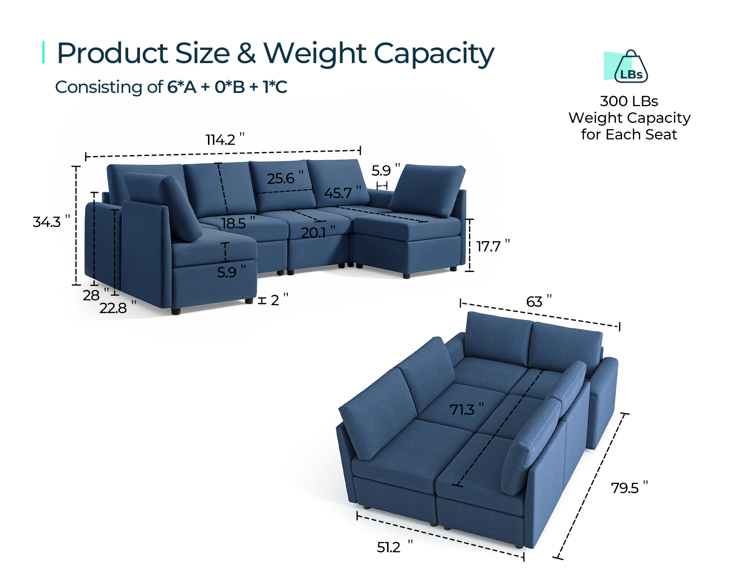 LINSY HOME Modular Couches and Sofas Sectional with Storage Sectional Sofa U Shaped Sectional Couch with Reversible Chaises, Blue - image 3 of 11