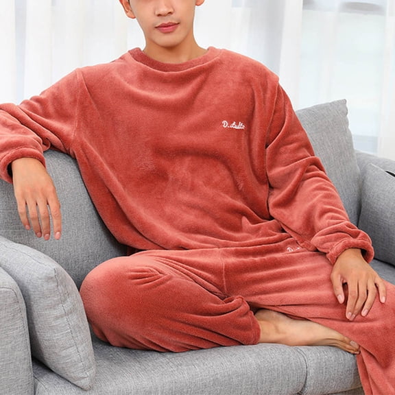 Men's 2PC Fleece Lined Pajamas Sets Long Sleeve Crewneck Pullover Top Elastic Waist Solid Cuffed Joggers Sleepwear Suit Red XL