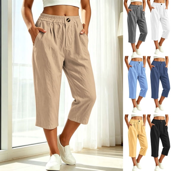 VBVC Women's Cotton Linen Elastic Waist Capri Pants , Summer Wide Leg Cropped Pants For Women,Ladies' Lightweight Trousers with Pockets,Beige,S-3XL