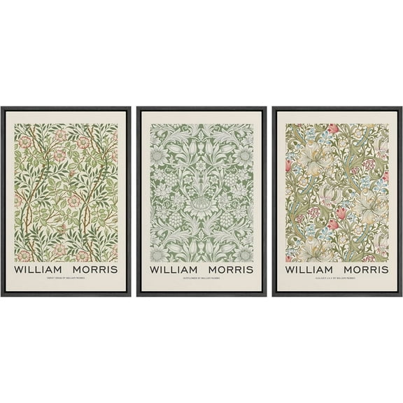 IDEA4WALL Framed Canvas Print Wall Art Set of 3 Green Botanical Floral Posters By William Morris Retro Vintage Wall Decor Antique Flowers Pattern Prints Artwork for Room Decor - Black 16"x24"x3