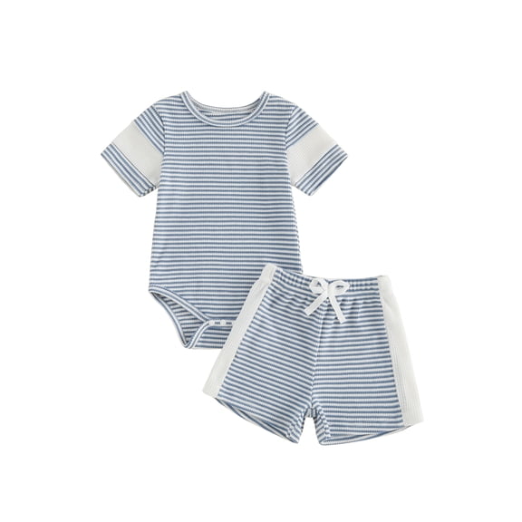 BemeyourBBs Newborn Baby Boys Summer Clothes Infant Baby Boy Waffle Summer Outfit 0 3 6 12 18 Months Striped Short Sleeve Romper and Elastic Shorts Set 2 Piece Set