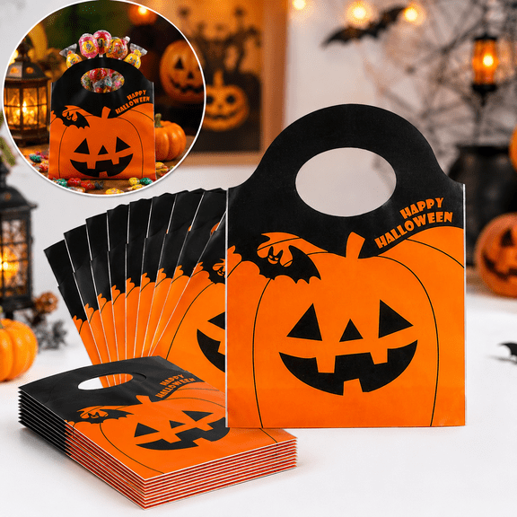 50 Pack Halloween Candy Goody Bags, Jack O Lantern Pumpkin Mini Plastic Treat Bags with Handles for Trick or Treat, Classroom Party Favors Snacks