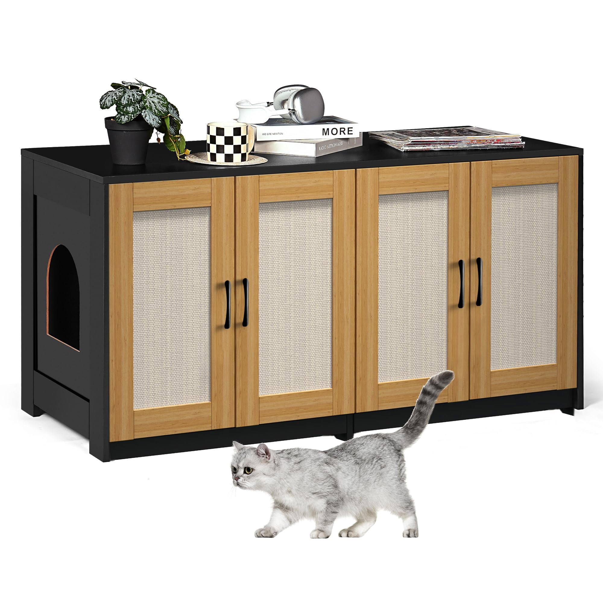 Huisuilinss Cat Litter Box Enclosure With Rattan Door,47" Hidden Litter Box With Double Room,Wood Cat Washroom Furniture,Cat House TV Stand,End Side Table Sideboard With 4 Sisal Doors