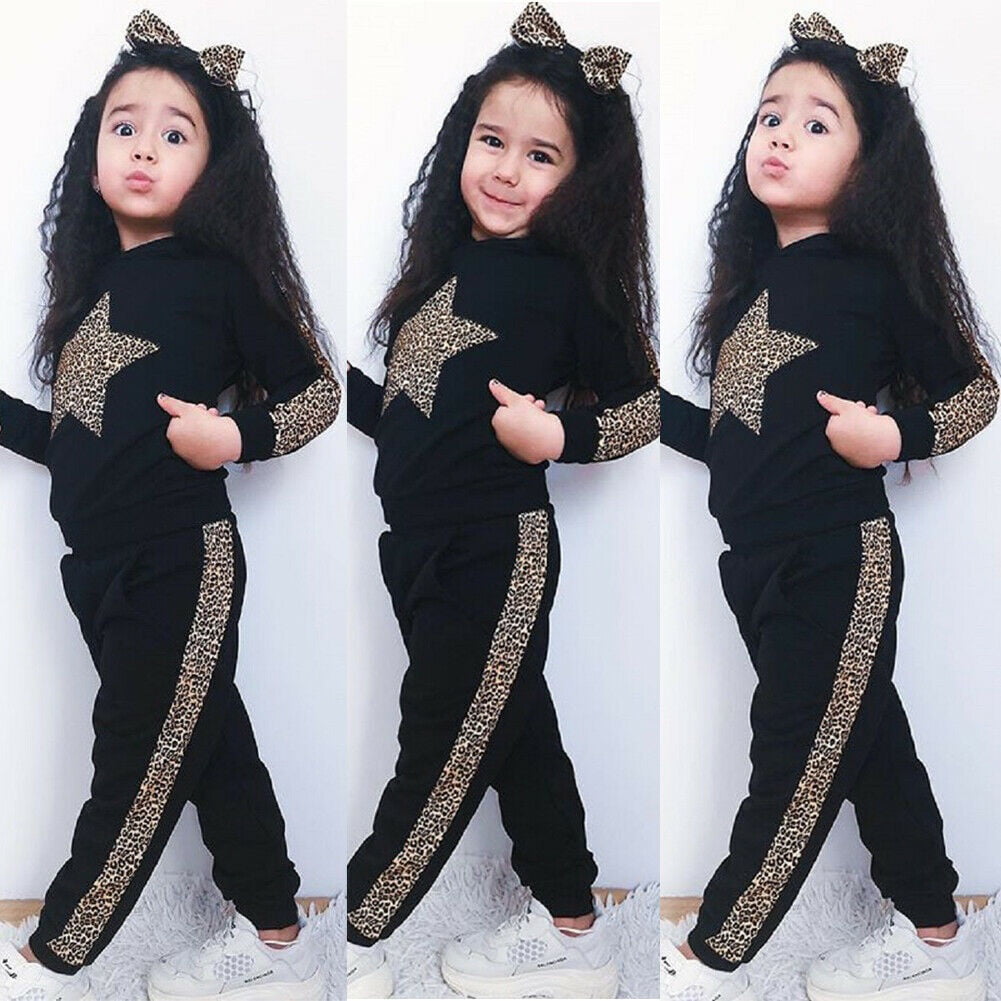 Baby Girl Boy Tracksuit Set Leopard Hooded Tops Pants Toddler Clothes Outfits 