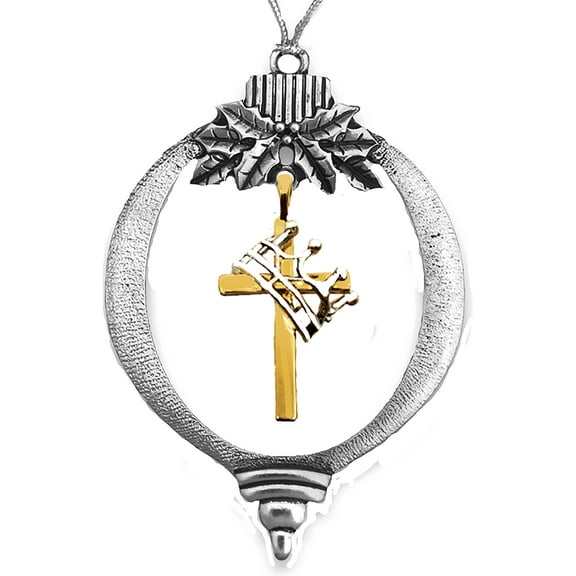 Christian, Catholic, 14KT  Gold Cross, Silvertone Finish Crown, Silvertone Two Tone Christmas Ornament With Silver Tree Hanging Cords. ©2023