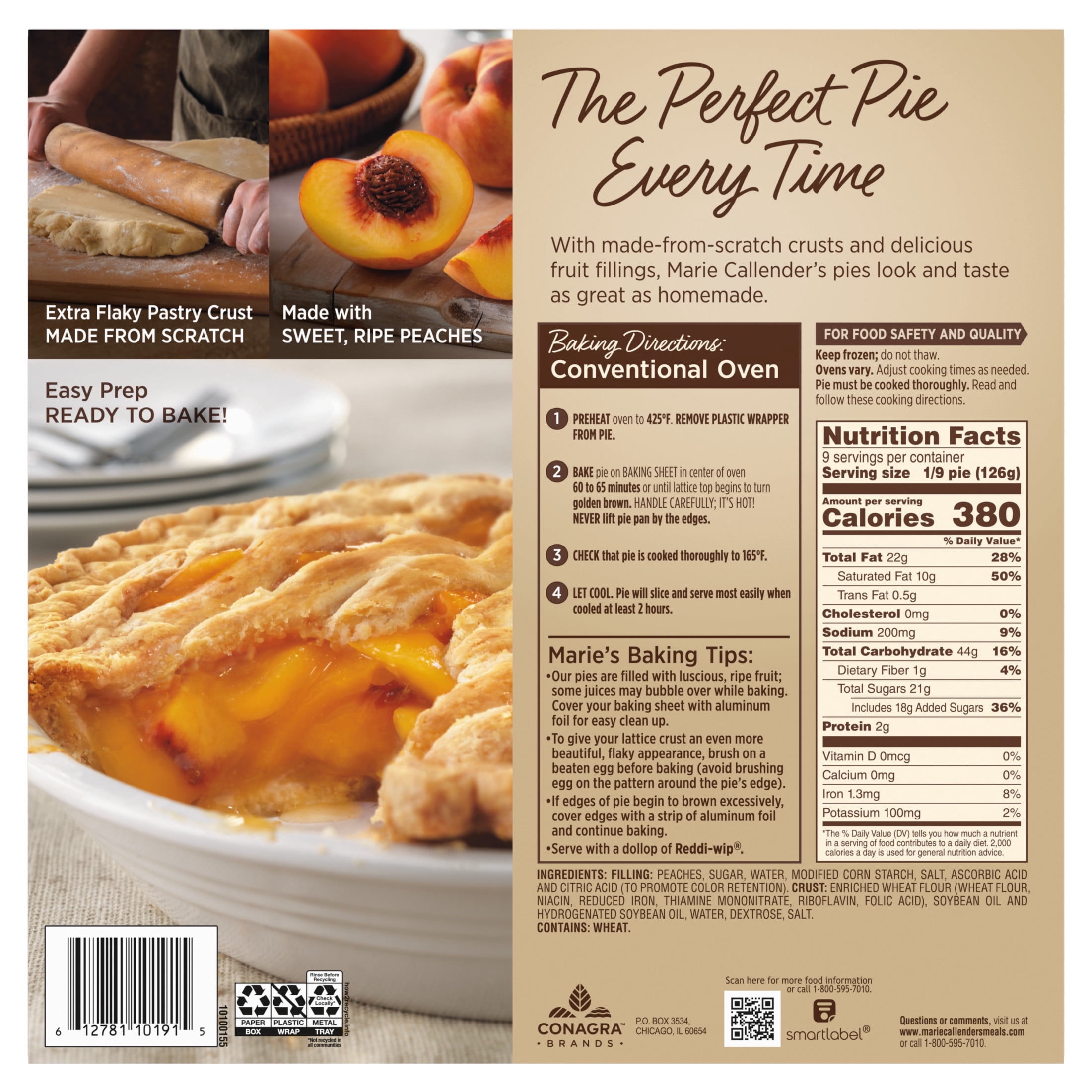 Marie Callender's Lattice Peach Pie, Ready to Bake Frozen Dessert, 40 oz.
