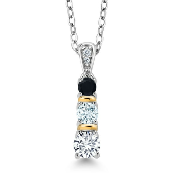 Gem Stone King 925 Silver and 10K Yellow Gold Round White Lab Grown Diamond Sky Blue Aquamarine and Black Onyx Pendant Necklace for Women (0.54 Cttw, Gemstone April Birthstone, with 18 inch Chain)