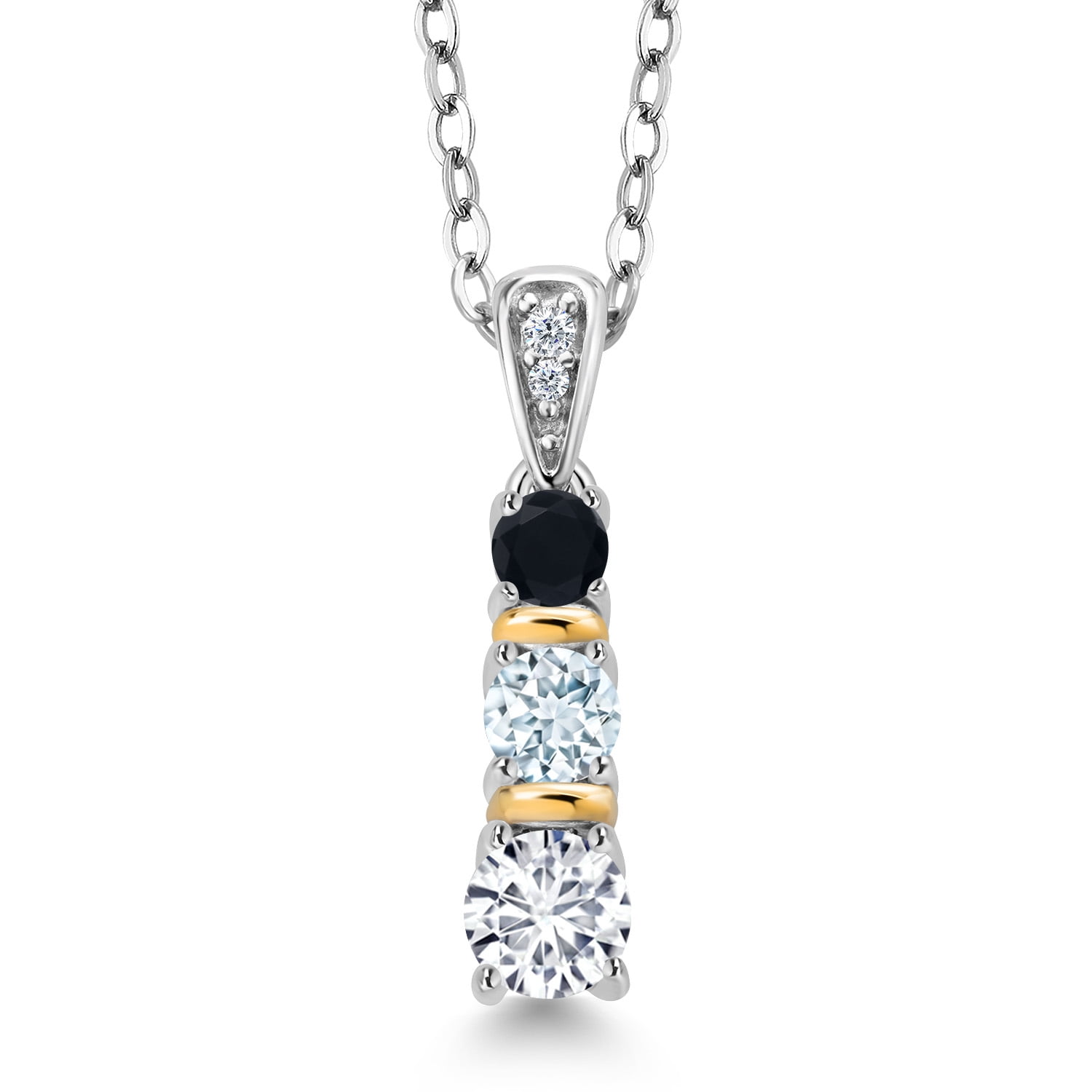 Gem Stone King 925 Silver and 10K Yellow Gold Round White Lab Grown Diamond Sky Blue Aquamarine and Black Onyx Pendant Necklace for Women (0.54 Cttw, Gemstone April Birthstone, with 18 inch Chain)