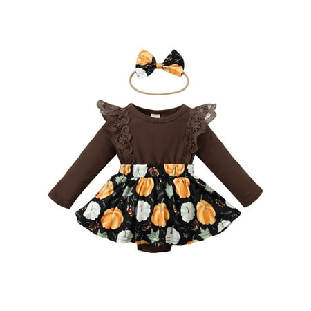 

Sunisery Kids Baby Girl Ruffle High Waist Floral Romper Dress + Headband Autumn Outfits Brown 12-18 Months