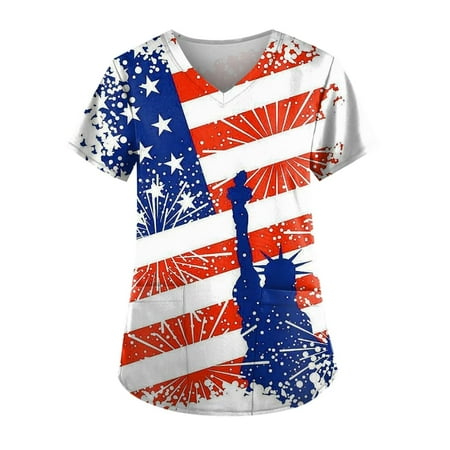 

APEXFWDT Women s Independence Day Scrub Top Summer American Flag Short Sleeve Working Uniform 4th of July Patriotic T Shirt Blouse with Pocket