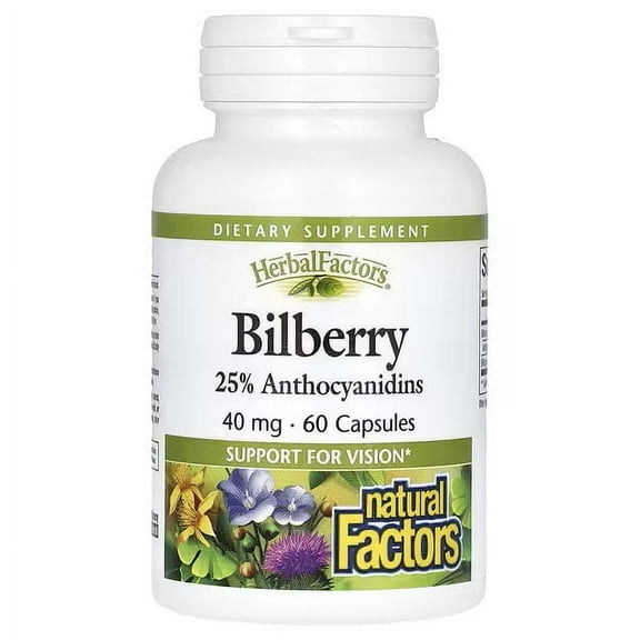 Natural Factors HerbalFactors Bilberry, Nutritional Support for Vision, 60 Capsules