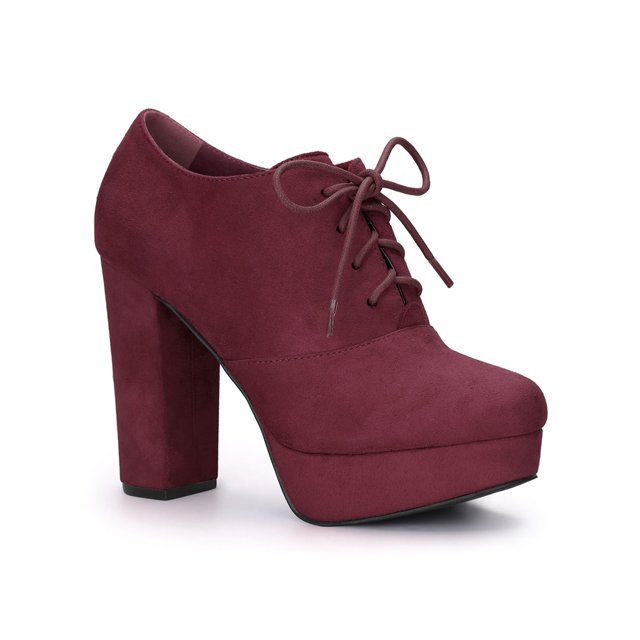 BLISSFUL STEP Bottines à Talon Bloc Plateforme pour Femmes, Lacets, Bourgogne 10