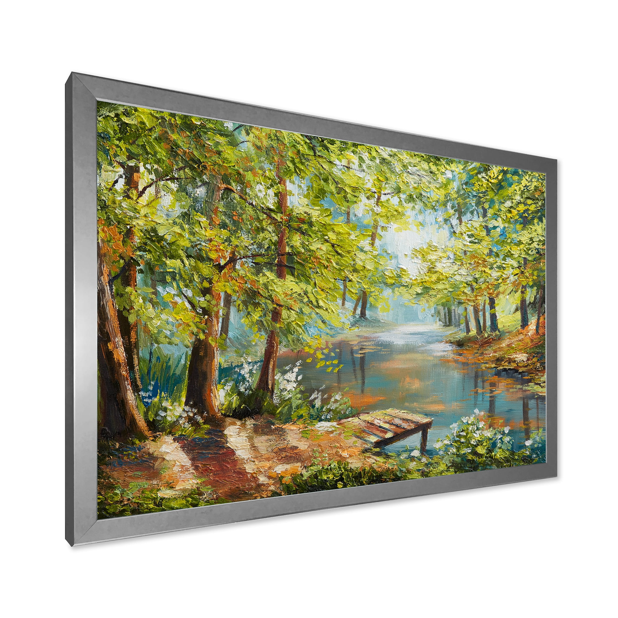 Meandering River With Autumn Forest 32 in x 24 in Framed Painting Canvas Art Print, by Designart