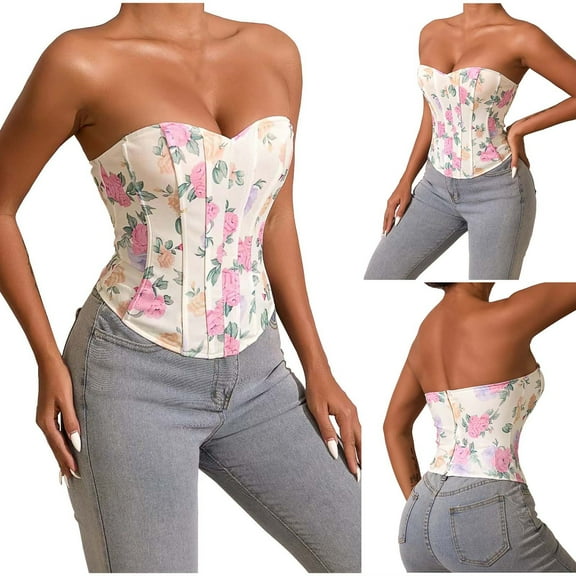 Abomasnow Womens Floral Corset Tops Vintage Strapless Push Up Boned Shapewear Crop Tops Fashion Zipper Back Waist Bodyshaper Tops