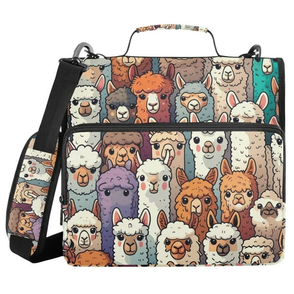 3 Ring Zipper Binder with Shoulder Strap Waterproof Trapper Keeper 1.5 Inch D-Ring 500 Sheets Capacity Alpaca Llama Animal Faces