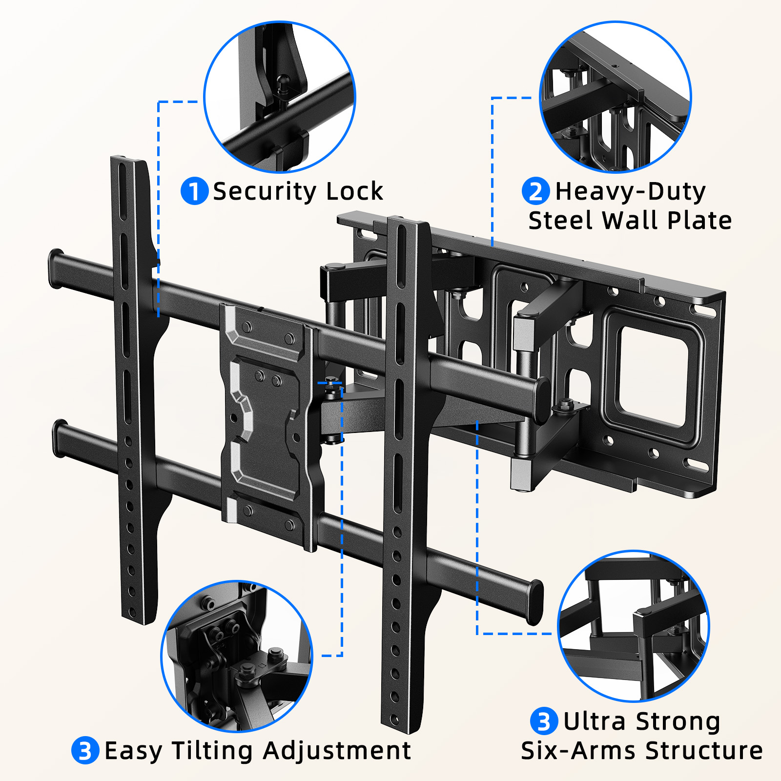 MountFTV Full Motion TV Wall Mount Bracket for Most 37-85 inch Flat Curved TVs, Holds up to 132 lbs, Max 600x400mm