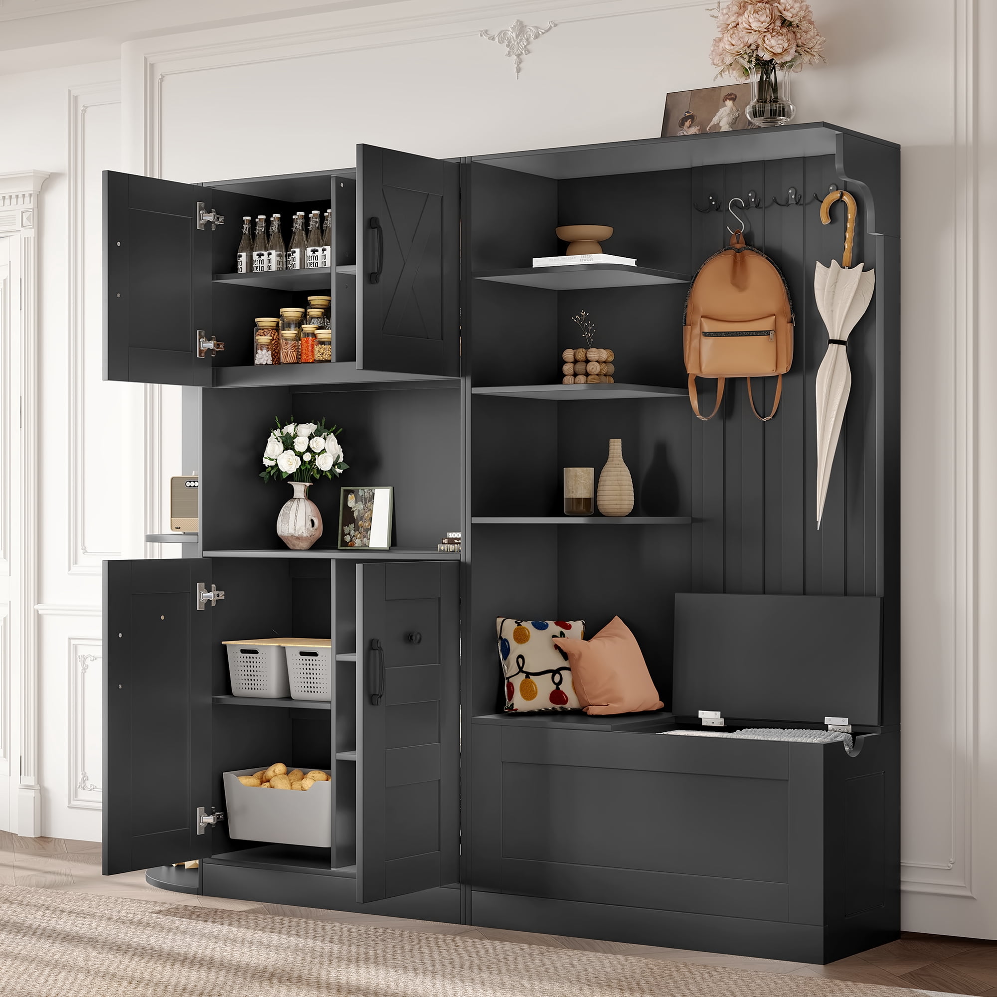 T-Foyer Farmhouse Black Detachable Hall Tree with 4 Hooks & Bench, Wooden Rustic Entryway Organizer with Open Storage & 2 Cabinets
