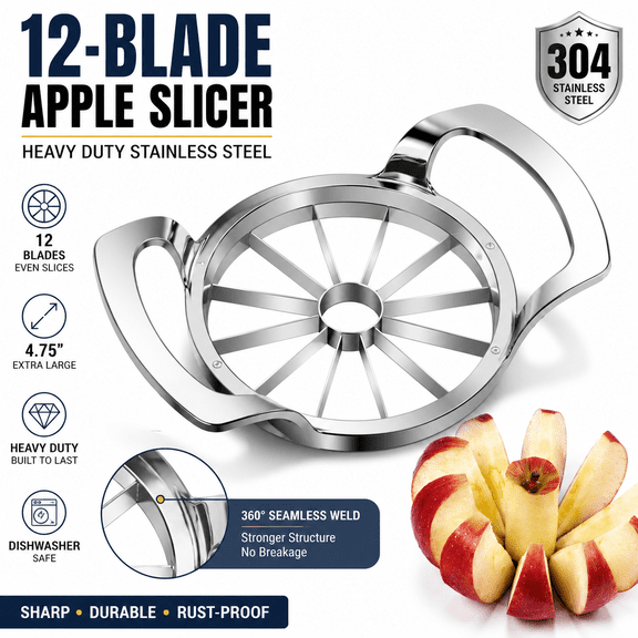 Apple Slicer, 12-Blade Extra Large Apple Corer, Heavy Duty Stainless Steel Apple Cutter and Divider, Easy to Use, Time-Saving.