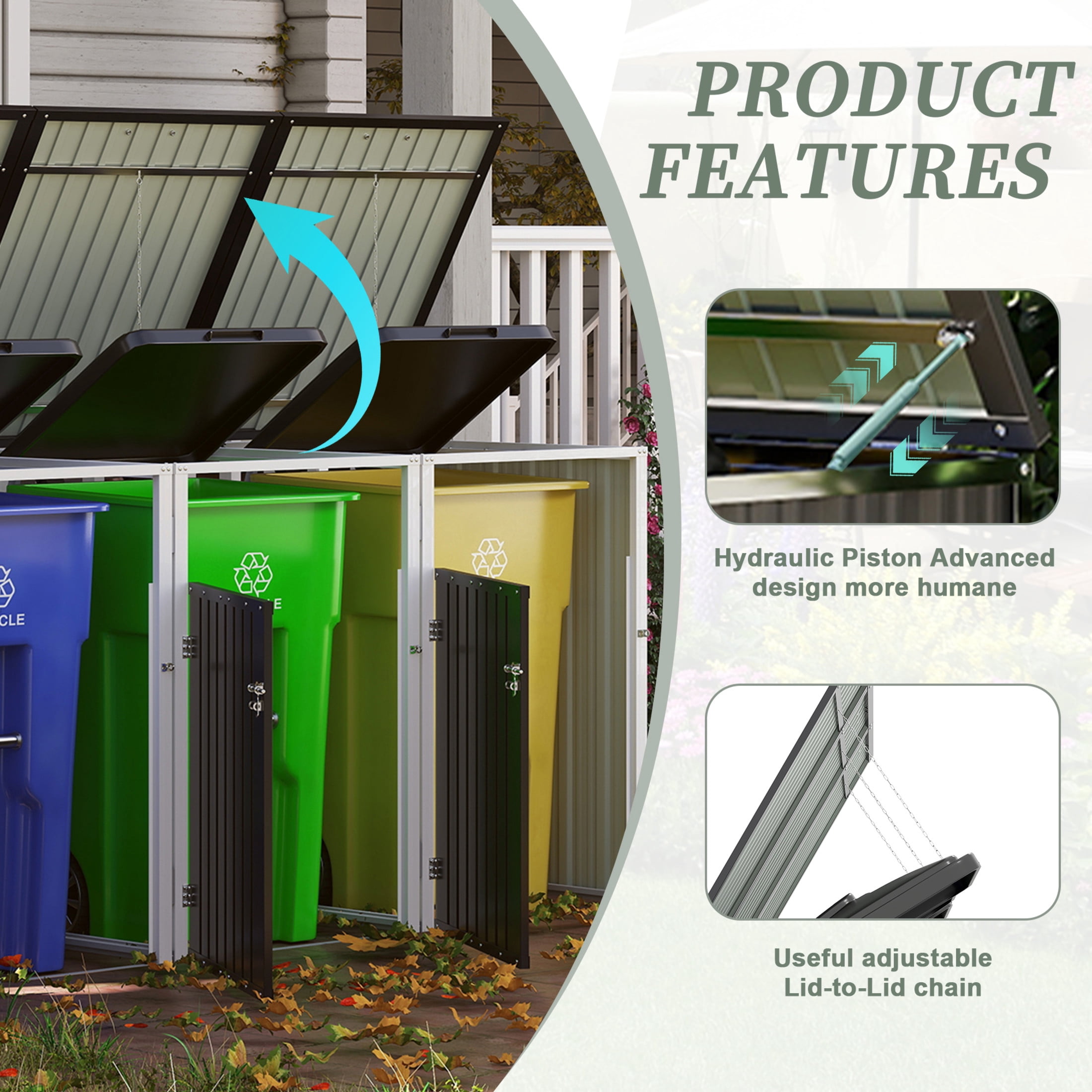 Noble House Outdoor Garbage Bin Shed for 3 Trash Cans, Lockable Galvanized Steel Garbage Bin Enclosure, Dark Gray