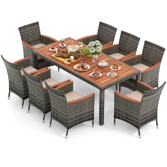 Demifill 9 Pieces Rattan Patio Dining Set with Acacia Wood Table and Cushioned Chair, Dining Furniture Set Includes A Dining Table and 8 Chairs, PE Rattan Table and Chairs Set for Outdoor, Mix Gray