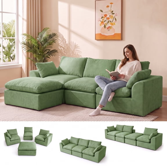 Cubente 108" Cloud Sectional Couch, Boneless Couch, L Shaped Couch with Ottoman, Chenille Modular Sofa for Living Room
