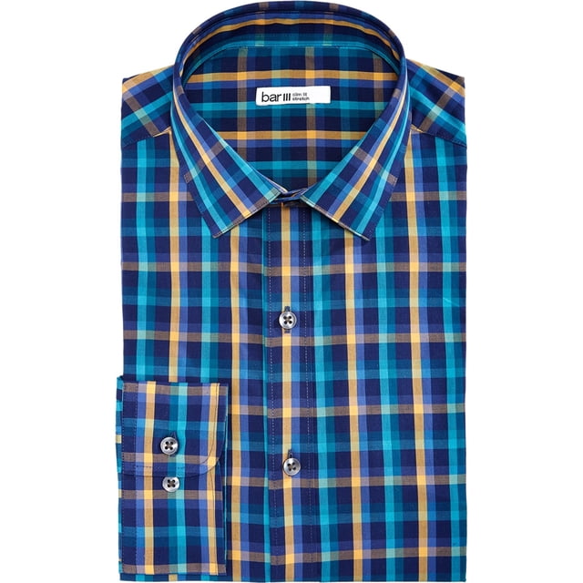 bar III Camisa de vestir clásica con botones para hombre, azul, 17-17.5
