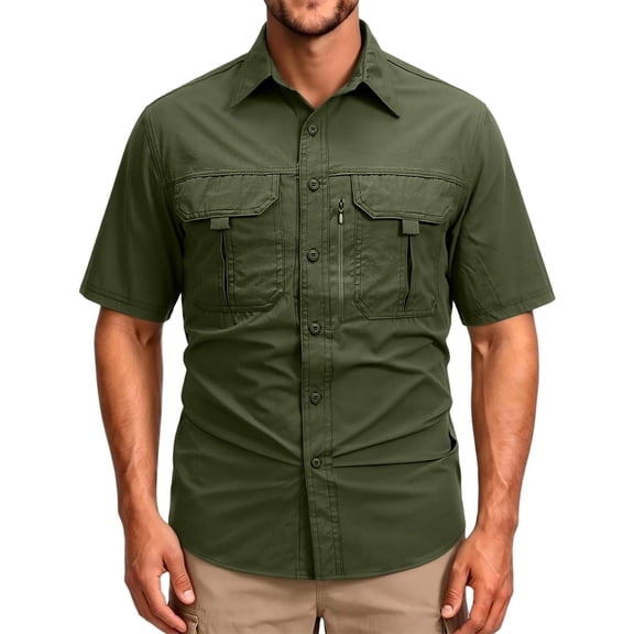 Havenx Short Sleeves Fishing Shirts for Men Button Down Sun Protection Shirt with Zipper Pockets Upf 50 Tops Hiking Fishing Cooling Outdoor Summer Travel Clothing,Camouflage Green 2XL